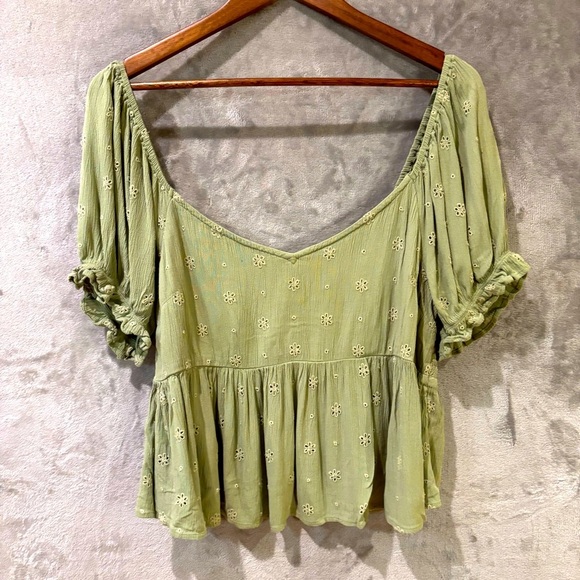 Y2K 90’s Milkmaid Babydoll O’Neill Green Floral Peasant Top Sz L - Picture 1 of 9